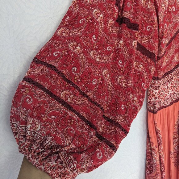 FREE PEOPLE Luna Scarf Print V-neck Tunic Boho Top Mini Dress Flowy Red Size S - Picture 6 of 13